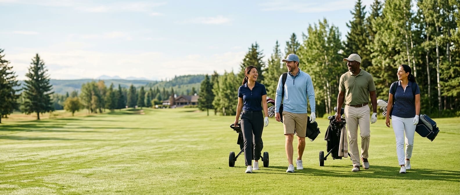 Four golfers walking together on a fairway in late-afternoon light